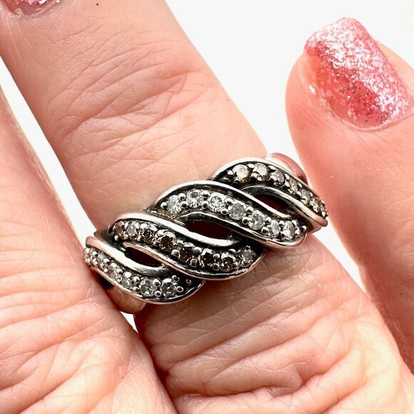 Sterling Silver Jewelry - Vintage Womens Ring Sterling Silver Diamond Twist Band Size 7